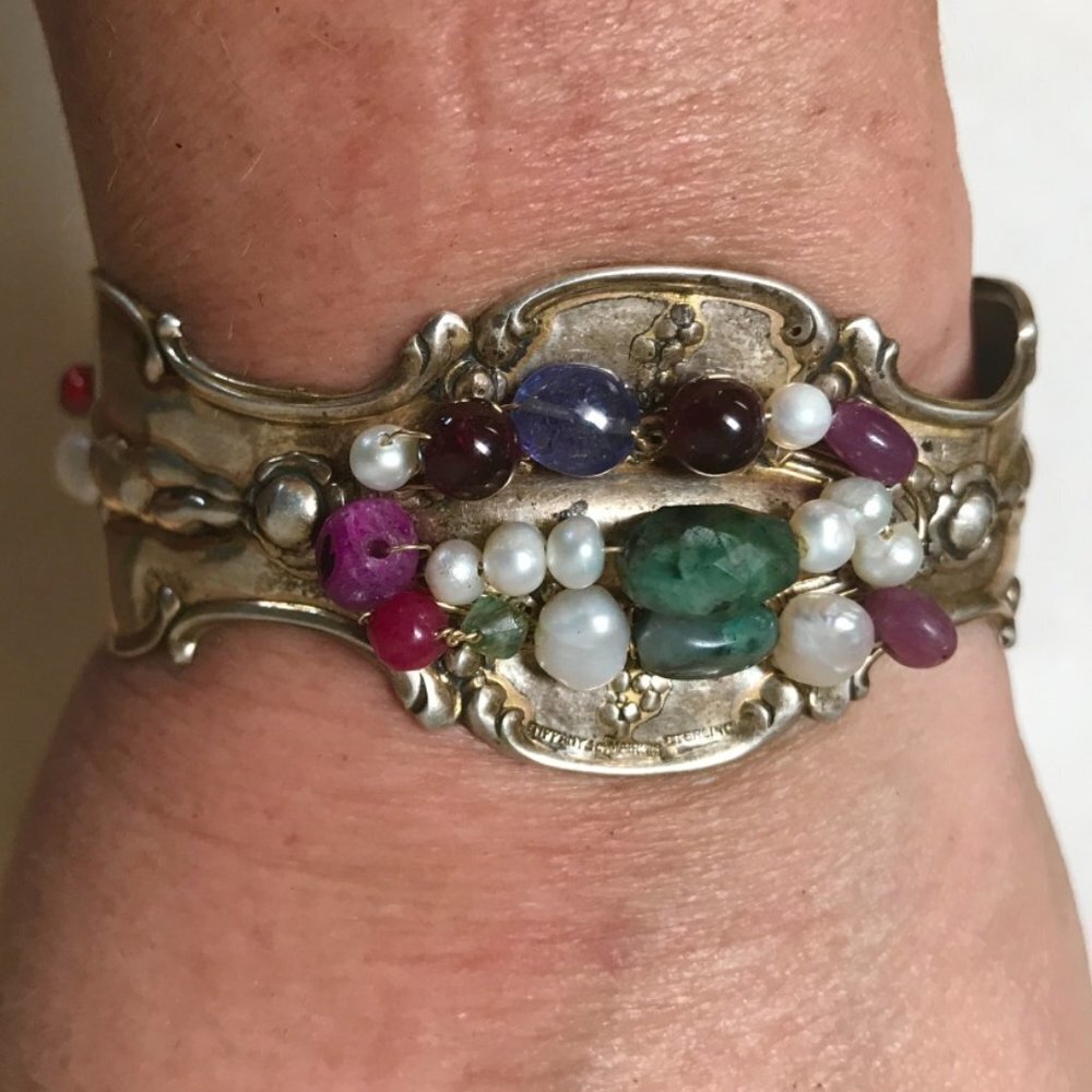 Tiffany And Co Cherub 1889 Gilded Cuff Bracelet Sterling Silver Ruby Emerald 648$